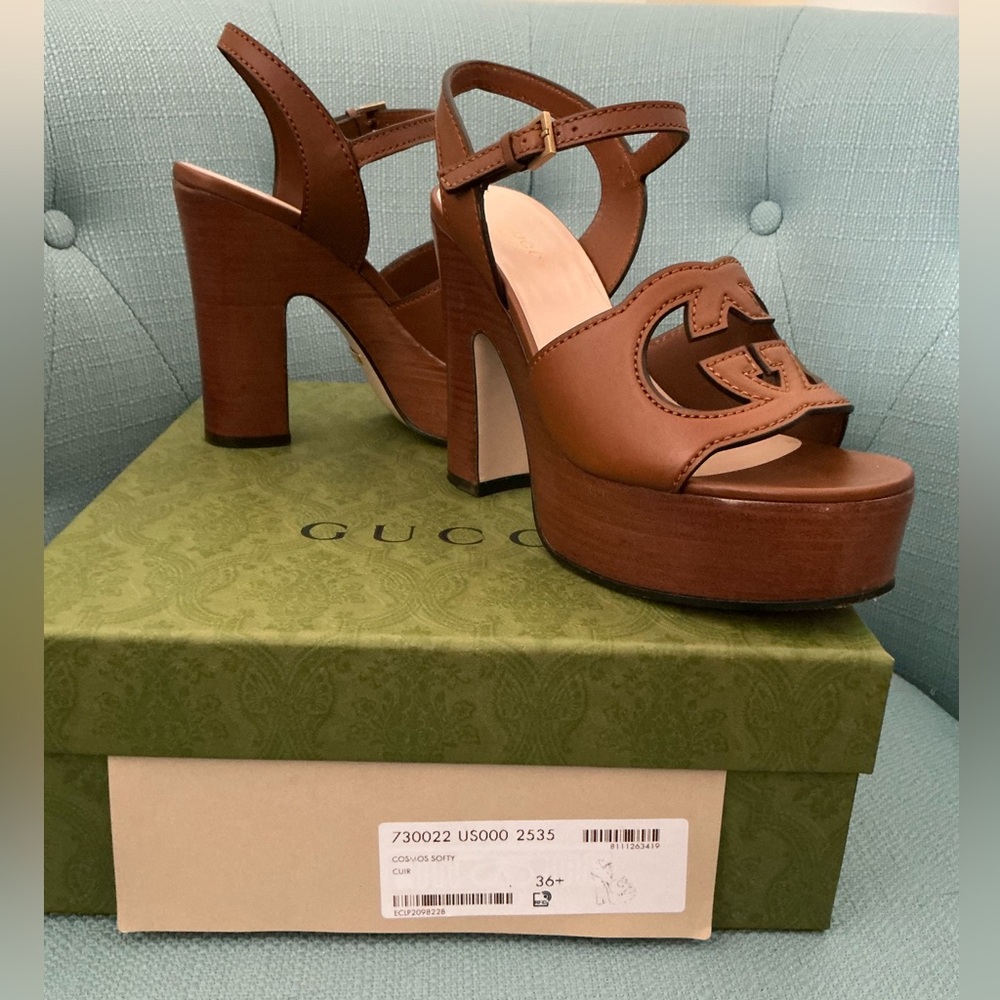 GUCCI Women 36.5 Interlocking GG Cutout Brown Platform Sandals 💯 Authentic - Picture 4 of 14